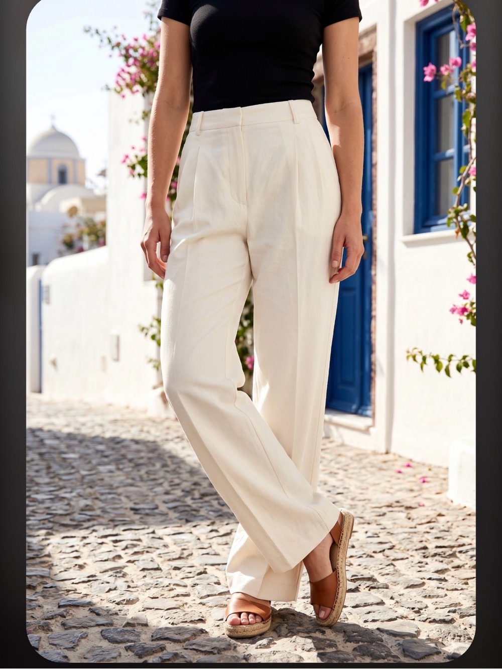 Women's White Elastic-Waist Pleated Trousers